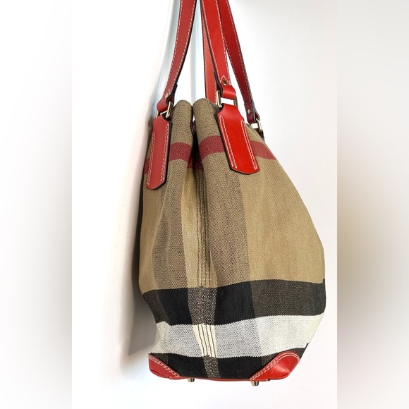 Burberry Maidstone Large Check Canvas Tote Bag Red Leather Trim - Picture 5 of 16